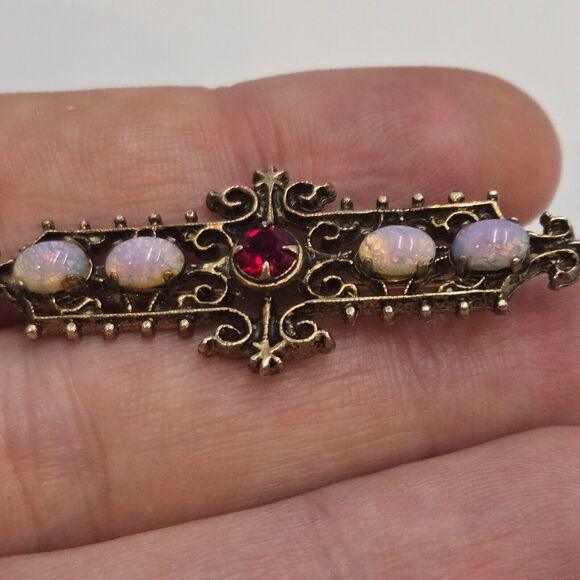 Vintage Sarah Coventry Early Faux Opal Cabochons Bar Brooch Pin Sterling Pink - Picture 2 of 5